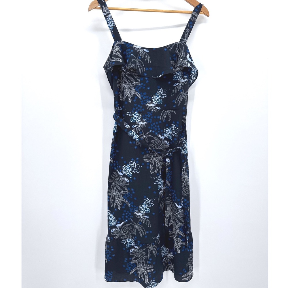 Banana Republic Tropical Floral Midi‎ Dress Women's 4 Blue Ruffle Classy Luxury